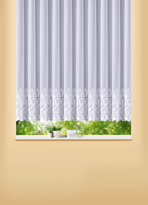 Klassisch - Blumenfenster-Store mit geradem Abschluss, in Größe 140 (H120xB300 cm) bis 181 (H175xB600 cm), in Farbe WEISS Ansicht 1