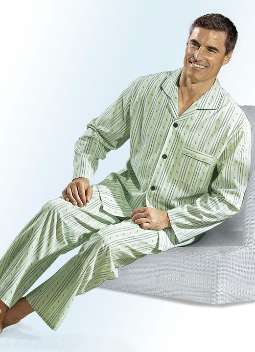 Herrenmode - Schlafanzug, leger geschnitten und durchgeknöpft, aus Webware, in Größe 048 bis 060, in Farbe LINDGRÜN-BUNT