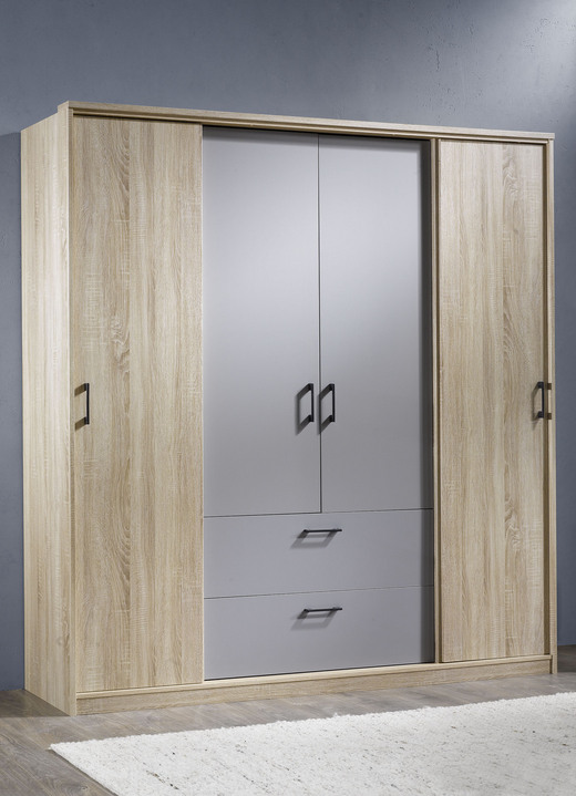 Schlafzimmerschränke - Moderner Kleiderschrank, in Farbe EICHE SONOMA-GRAU, in Ausführung Kleiderschrank, 4-türig