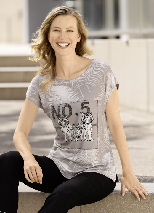 Damenmode - Shirt mit Tiermotiv, in Größe 036 bis 052, in Farbe WEISS-TAUPE