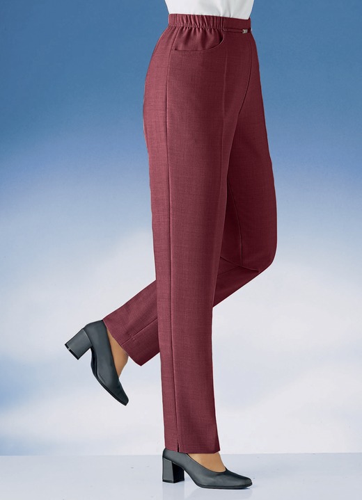 Hosen mit Knopf- und Reißverschluss - Hose in Schlupfform in 10 Farben, in Größe 019 bis 235, in Farbe WEINROT MELIERT Ansicht 1