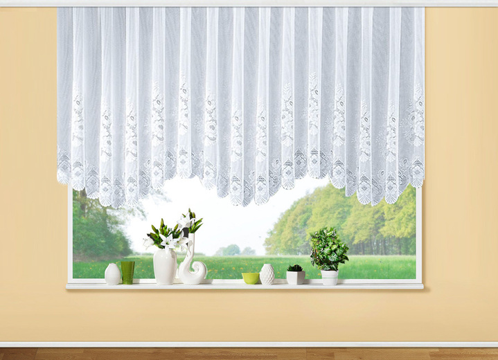 - Blumenfenster-Store, mit Floral-Dessin, in Größe 065 (H125xB300 cm) bis 115 (H145xB900 cm), in Farbe WEISS Ansicht 1