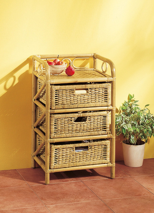 Landhausmöbel - Regal mit Gestell aus Rattan 4 Ausführungen, in Farbe HONIG, in Ausführung Mit 3 großen und 2 kleinen Schubladen Ansicht 1