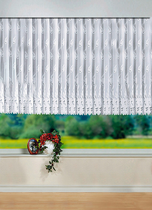 - Hinreißender Blumenfenster-Store mit Universalschienenband, in Größe 140 (H125xB300 cm) bis 184 (H175xB750 cm), in Farbe WEISS Ansicht 1