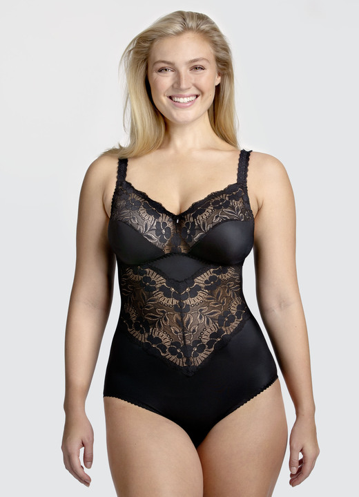 Korselett - Miss Mary Hosenkorselett mit Elastikspitzeneinsätzen, in Größe 075 bis 105, in Cup E, in Farbe SCHWARZ Ansicht 1