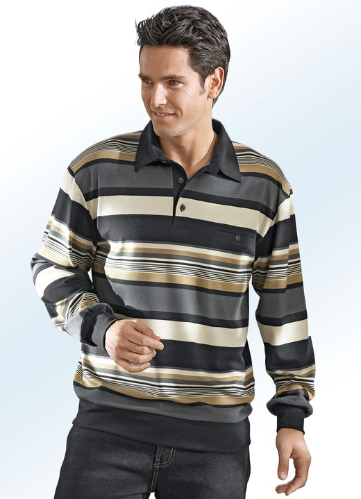 Sweatshirts - Poloshirt in 3 Farben, in Größe 046 bis 062, in Farbe SCHWARZ-BEIGE-CAMEL-GRAU Ansicht 1