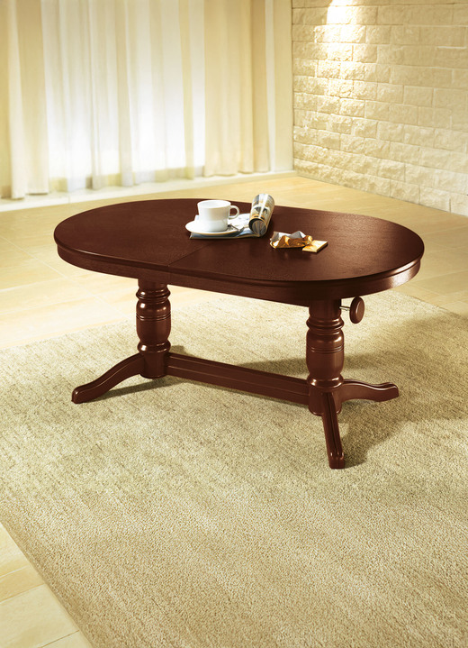 Eiche Rustikal-Möbel - Teilmassiver Couchtisch mit gedrechseltem Tischgestell, in Farbe NUSSBAUM, in Ausführung oval, fest Ansicht 1