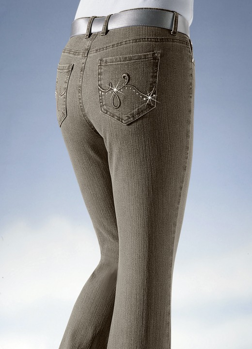 Hosen - Jeans mit funkelnden Strasssteinen, in Größe 018 bis 088, in Farbe TAUPE
