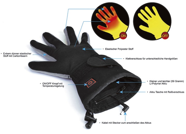 Thermokleidung - Thermo-Handschuhe, in Größe 1 (S-M Handschuhgröße 3,5-8) bis 2 (L-XXL Handschuhgröße 8,5-11), in Farbe SCHWARZ-GRAU Ansicht 1