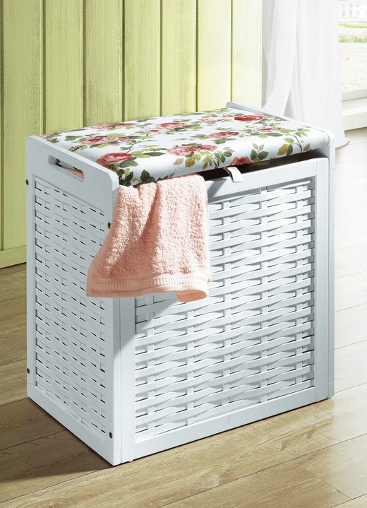 Badezimmermöbel - Wäschesitzhocker mit herausnehmbarem Wäschesack, in Farbe WEISS-BEIGE, in Ausführung Sitzflächen-Bezug beige  (ohne Abbildung)
