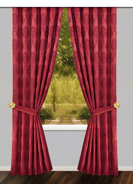 - Jacquard Übergardinen-Garnitur, in Größe 501 (150x115 cm) bis 899 2er-Pack Raffhalter, (ca. 60 cm), in Farbe WEINROT Ansicht 1