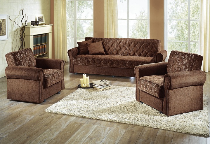 Klassische Möbel - Polstergruppe 3-teilig, mit Bettkasten, in Farbe BRAUN, in Ausführung Dreisitzer und 2 Sessel Ansicht 1