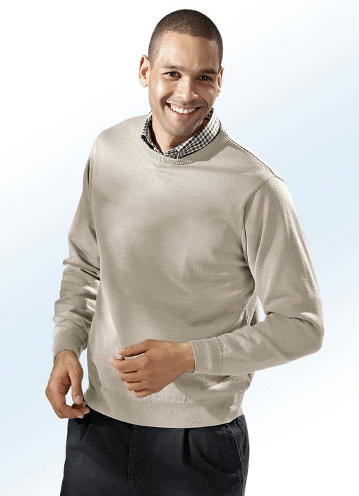 Uni - Pullover in 4 Farben mit rundem Halsausschnitt, in Größe 046 bis 062, in Farbe BEIGE MELIERT Ansicht 1