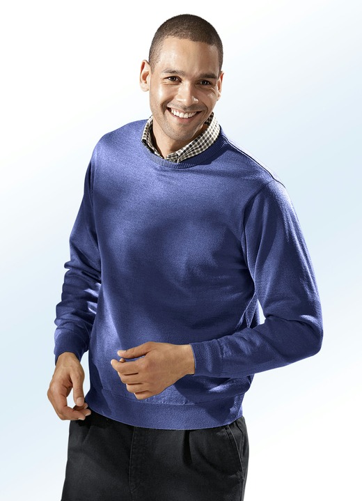 Uni - Pullover in 4 Farben mit rundem Halsausschnitt, in Größe 046 bis 062, in Farbe JEANSBLAU MELIERT Ansicht 1