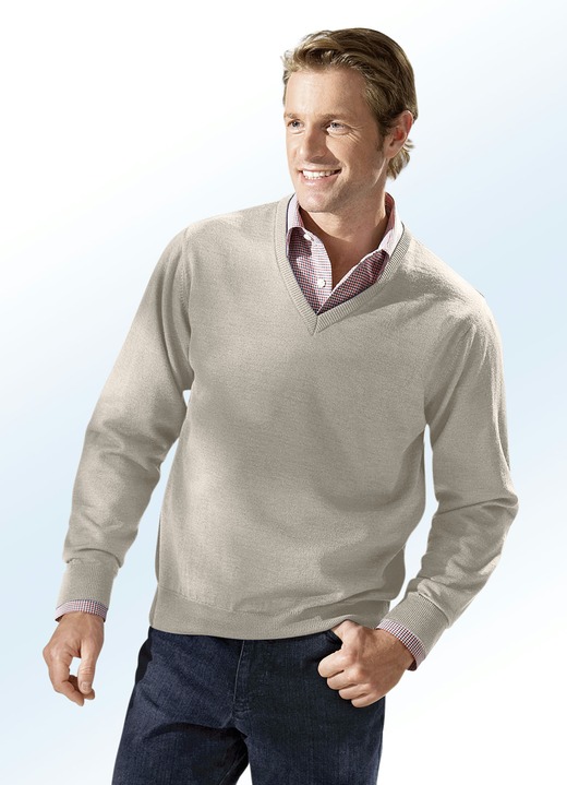 Uni - Pullover in 4 Farben mit V-Ausschnitt, in Größe 046 bis 062, in Farbe BEIGE MELIERT