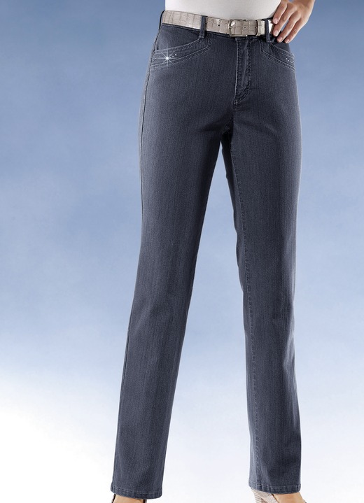 Jeans - Komfortjeans verziert mit Strasssteinen in 6 Farben, in Größe 018 bis 054, in Farbe DUNKELBLAU Ansicht 1