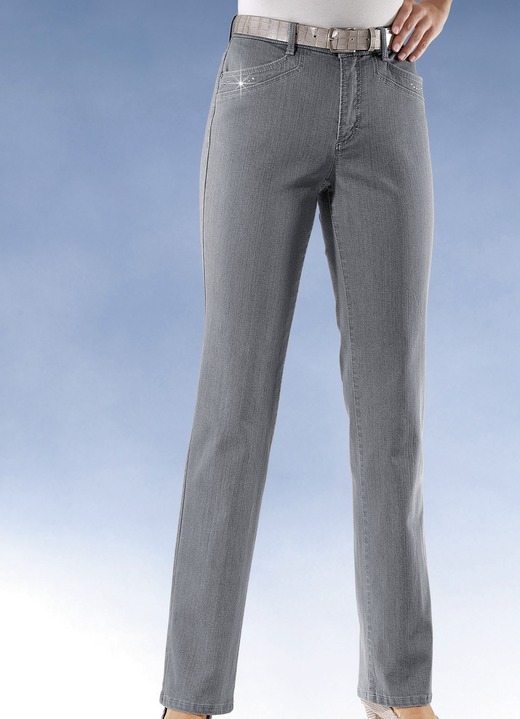Jeans - Komfortjeans verziert mit Strasssteinen in 6 Farben, in Größe 018 bis 054, in Farbe HELLGRAU Ansicht 1