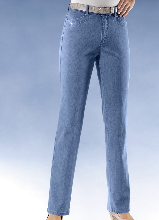 Jeans - Komfortjeans verziert mit Strasssteinen in 6 Farben, in Größe 018 bis 054, in Farbe JEANSBLAU Ansicht 1