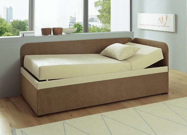 Schlafsofas - Studioliege mit beidseitig montierbarer Kopf- und Seitenblende, in Farbe CAPPUCCINO-CREME, in Ausführung ohne Kissen Ansicht 1