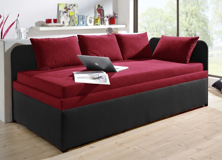 Schlafsofas - Studioliege mit beidseitig montierbarer Kopf- und Seitenblende, in Farbe SCHWARZ-ROT, in Ausführung mit 4-teiligem Kissen-Set Ansicht 1