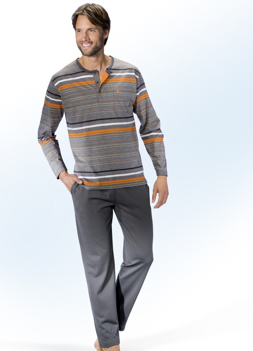 Schlafanzüge - Hajo Klima Komfort Schlafanzug mit Knopfleiste, in Größe 046 bis 062, in Farbe GRAFIT-BUNT