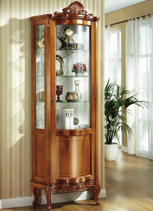 Vitrinen - Vitrine mit Intarsien-Arbeiten an den Fronten, in Farbe KIRSCHBAUM, in Ausführung 1-türig
