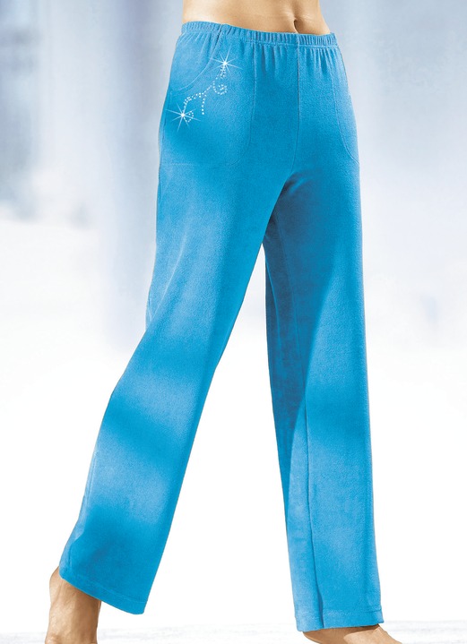Homewear & Freizeitmode - Hose mit hübscher Schmucksteinzier in 4 Farben, in Größe 018 bis 056, in Farbe TÜRKIS Ansicht 1
