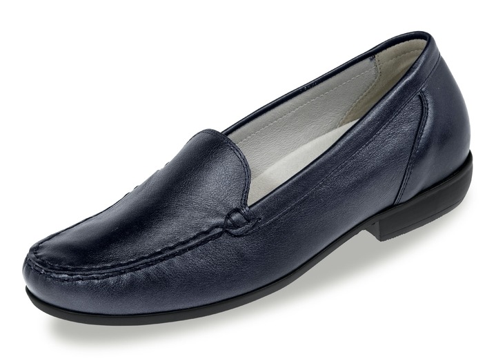 - Waldläufer Mokassin-Slipper aus edlem Leder, in Größe 4 1/2 bis 9, in Farbe STAHLBLAU