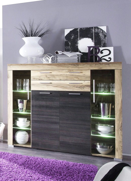 - Highboard mit LED-Beleuchtung, in Farbe NUSSB.SATIN-DB