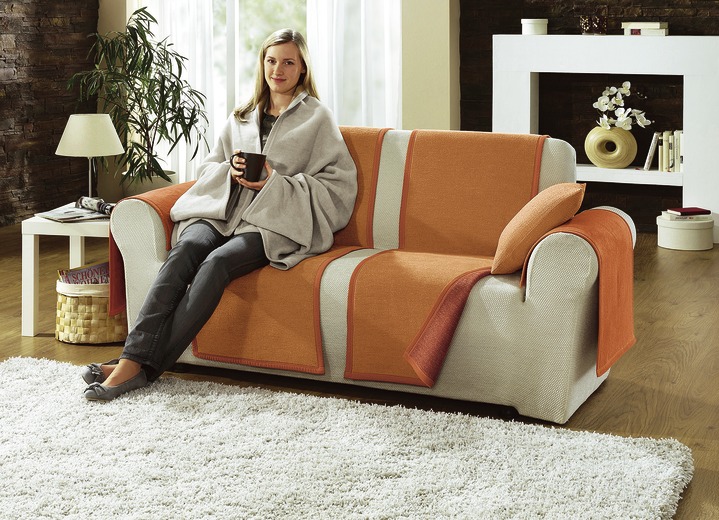 Sessel- & Sofaüberwürfe - Sessel-,Couch- und Armlehnenschoner mit Veloursbandeinfassung, in Größe 102 (Sesselschoner, 50x200 cm) bis 900 (2x 50x200 cm + 2x 50x75 cm), in Farbe TERRA Ansicht 1