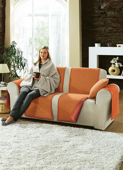 Sessel- & Sofaüberwürfe - Sessel-,Couch- und Armlehnenschoner mit Veloursbandeinfassung, in Größe 102 (Sesselschoner, 50x200 cm) bis 900 (2x 50x200 cm + 2x 50x75 cm), in Farbe TERRA Ansicht 1