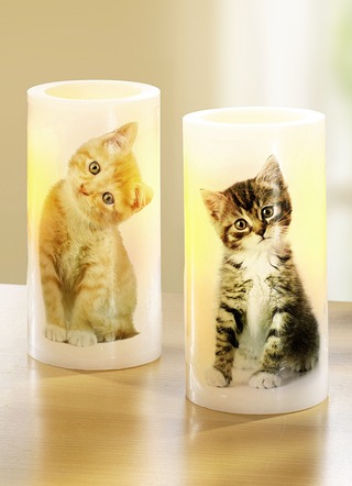 LED-Kerzen, 2er-Set, mit Katzenmotiven
