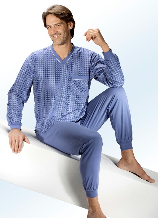 Schlafanzüge - Schlafanzug mit V-Ausschnitt, Brusttasche und Bündchen, in Größe 048 bis 068, in Farbe JEANSBLAU-BUNT