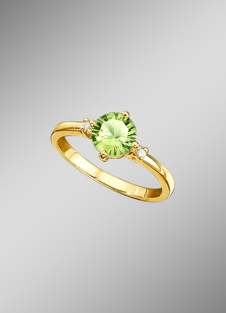 Massiver Damenring mit echt Peridot und 2 Diamanten