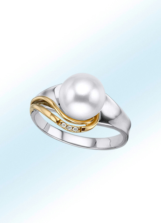 - Eleganter Damenring mit Brillanten und Süßwasser-Zuchtperle, in Größe 160 bis 220, in Farbe