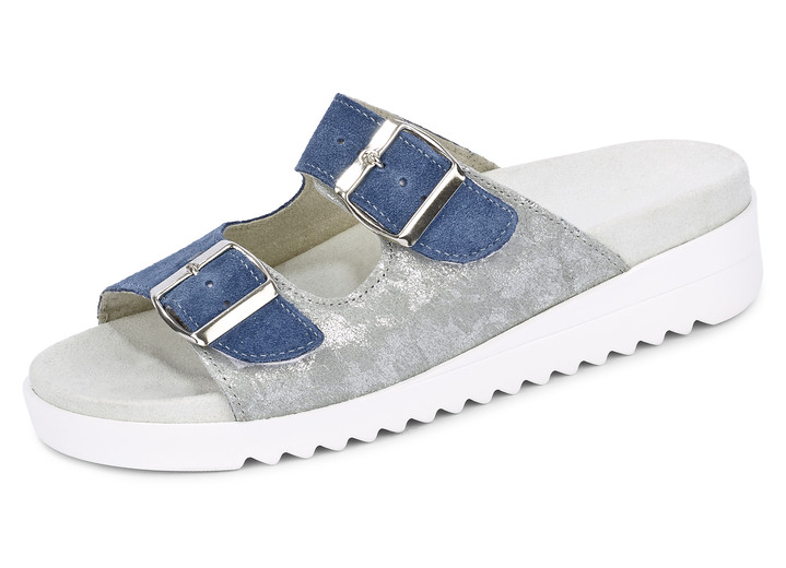 - Pantolette mit Wörishofer Tieffußbett, in Größe 036 bis 042, in Farbe JEANS-SILBERGRAU