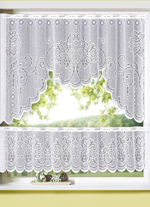 Kurzgardinen - Fensterset mit Stangendurchzug 2-teilig, in Größe 309 (75x100 + 28x100 cm) bis 315 (75x150 + 28x150 cm), in Farbe WEISS