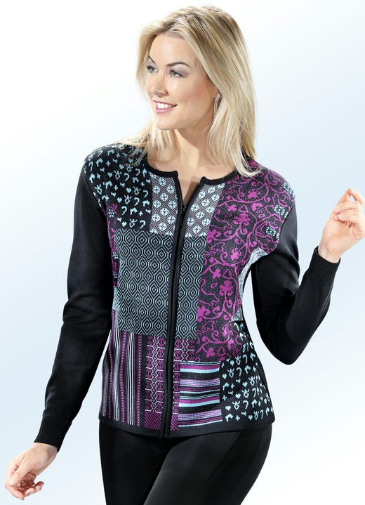 - Strickjacke in Feinstrick, in Größe 038 bis 052, in Farbe SCHWARZ-TÜRKIS-FUCHSIA