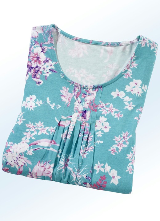Kurzarm - Longshirt mit dezenter Fältelung in 4 Farben Kurzarm - Longshirt mit dezenter Fältelung in 4 Farben, in Größe 038 bis 054, in Farbe TÜRKIS-LILA