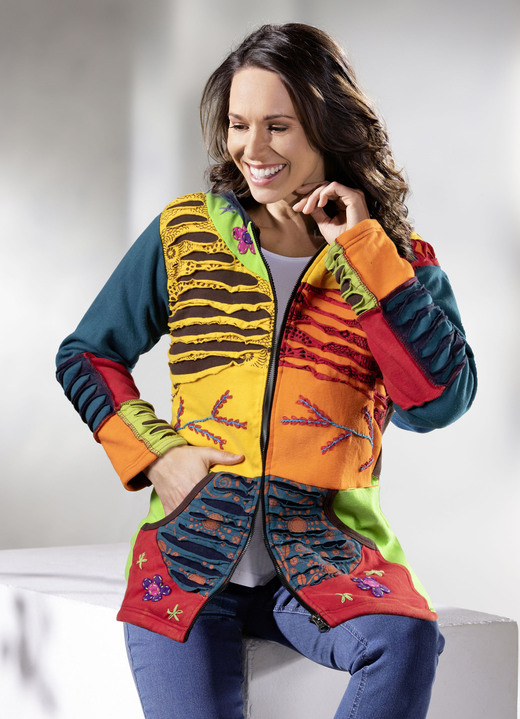 Kurz - Jacke in Handarbeit hergestellt, in Größe 036 bis 050, in Farbe PETROL-BUNT Ansicht 1