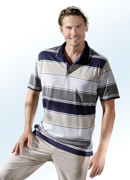 Shirts - Poloshirt mit kurzer Knopfleiste, in Größe 046 bis 062, in Farbe MARINE-SAND-BLEU
