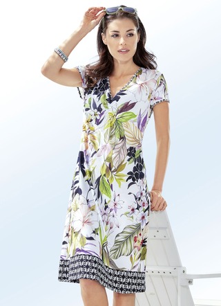 Kleid mit kurzen Ärmeln, Raffungen und Inkjet-Druckdessin