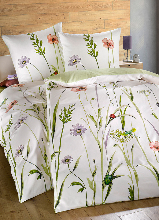 - Mako-Satin Bettwäsche-Garnitur mit Reißverschluss, in Größe 112 (80x80 cm + 135x200 cm) bis 115 (80/80 cm + 155/220 cm), in Farbe GRÜN Ansicht 1
