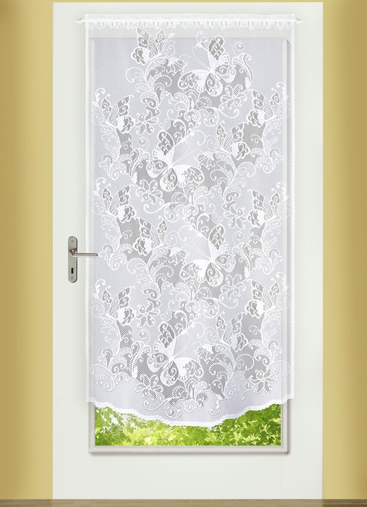 Klassisch - Fenster- und Türbehang mit gebogtem Abschluss, in Größe 309 (Fensterbehang, 2er-Set, H 80xB40 cm) bis 349 (Türbehang, H180xB90 cm), in Farbe WEISS