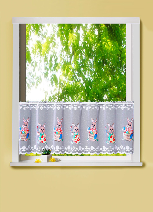Kurzgardinen - Kurzstore Osterhase mit Stangendurchzug, in Größe 786 (H45xB 85 cm) bis 859 (H60xB153 cm), in Farbe WEIß-BUNT