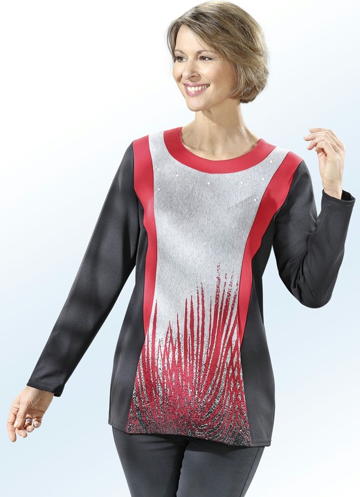 Langarm - Shirt mit Kontrasteinsätzen und Schmuckzier, in Größe 040 bis 060, in Farbe SCHWARZ-GRAU
