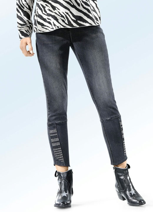 Hosen - Jeans mit effektvollen Strass- und Glitzersteinchen, in Größe 034 bis 050, in Farbe ANTHRAZIT