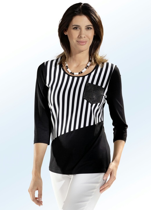 - Shirt mit Zierplättchen auf der Brusttasche, in Größe 042 bis 050, in Farbe SCHWARZ-WEISS