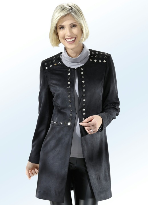 - Longjacke mit Nieten- und Plättchenzier, in Größe 036 bis 054, in Farbe SCHWARZ