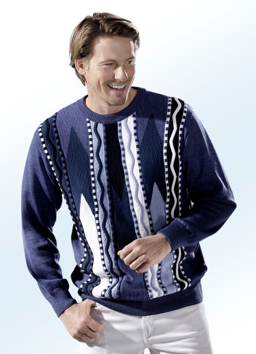 Gemustert - Pullover mit aufwendigem Intarsien-Dessin, in Größe 044 bis 062, in Farbe BLAU MELIERT-PETROL-WEISS-NACHTBLAU